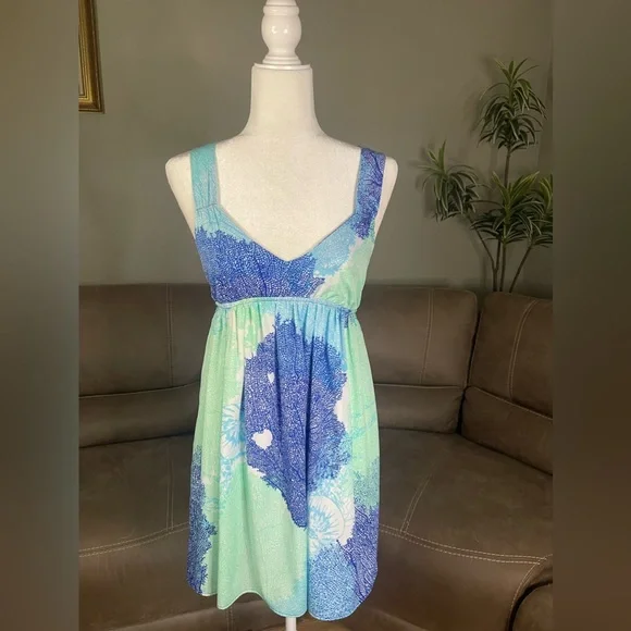 GORGEOUS Roxy Blue Aqua Nautical Sea Fan Shell Coral Print Dress Sz Small GORGEOUS Roxy Blue Aqua Nautical Sea Fan Shell Coral Print Dress Sz Small